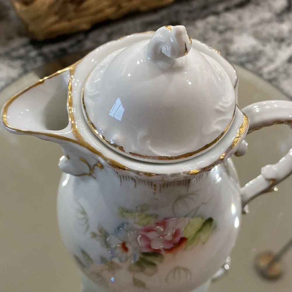 Antique White Porcelain Hand Painted Chocolate Pot with Roses, Forget Me Nots!
